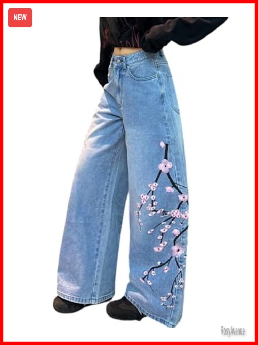 Women's Wide Leg Floral Embroidered Denim Jeans Vintage 90s Baggy Fit